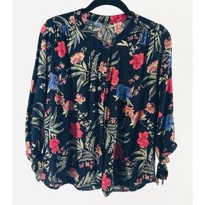 L.O.V. Women’s Floral Boho Blouse Medium Navy Pink Blue Tie Sleeve Botanical